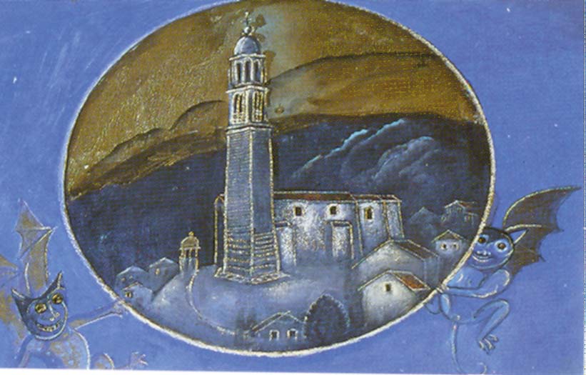 Ingresso del Municipio di Sarmede - Montaner, frazione di Sarmede, in una magica bolla nell'azzurro oltremare di un cielo che sul soffitto diventa stellato - di Yzef Wilkon'