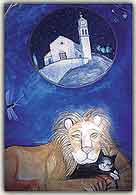 Le lion berce un chat endormi. Au-dessus: lglise parroissiale de Rugolo - de Ysef Wilkon'.
